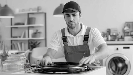 A technician carefully organizes cables in a modern workspace, showcasing dedication to his craft. This black-and-white image highlights the effort behind maintenance tasks.の素材