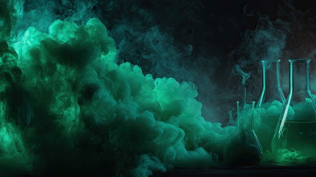 Ethereal green smoke swirls around laboratory glassware, creating a captivating and mysterious atmosphere ideal for science-themed projects or artistic displays.の素材