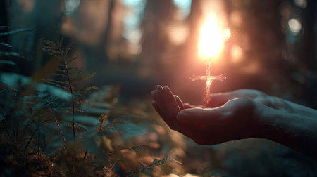 A serene and enchanting scene depicting hands cradling a glowing cross in a tranquil forest. The ethereal light symbolizes hope and spirituality, inviting reflection.の素材