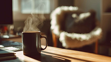 A serene scene featuring a warm coffee mug releasing steam on a wooden desk, surrounded by soft morning light, creating a peaceful ambiance perfect for relaxation.の素材