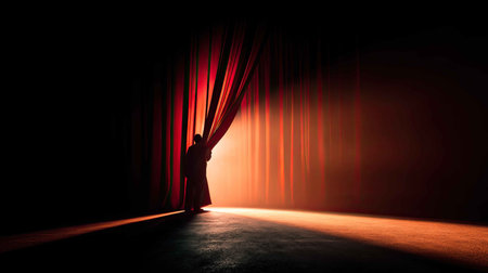 A captivating image of a silhouetted figure standing behind open curtains, illuminated by a warm spotlight, creating an atmosphere of anticipation and mystery.の素材