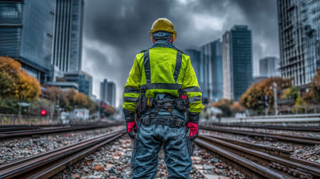 A construction worker wearing a high-visibility jacket stands on urban railway tracks, gazing towards a modern skyline under dramatic clouds. This image captures the essence of urban infrastructure and the spirit of hard work.の素材
