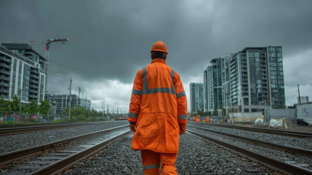 A worker in bright orange safety gear walks along railway tracks against a dramatic stormy sky in an urban environment, showcasing the essence of construction and maintenance work.の素材