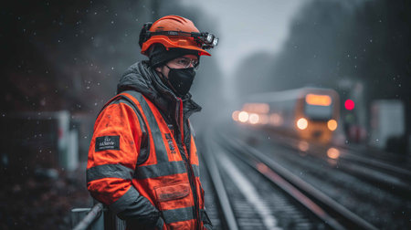 A safety worker stands confidently on railway tracks during rainy weather. Wearing reflective gear and a headlamp, the individual emphasizes dedication to transportation safety.の素材