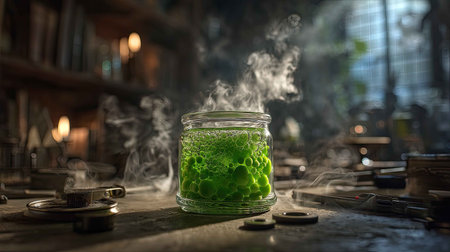 A captivating glass jar filled with vibrant green liquid and bubbling texture, surrounded by smoke, set in an atmospheric laboratory workspace that evokes curiosity and creativity.の素材