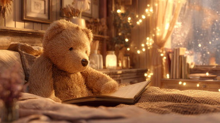 A heartwarming scene featuring a teddy bear reading a book in a cozy bedroom. Soft light and winter elements create a nostalgic and peaceful atmosphere.の素材