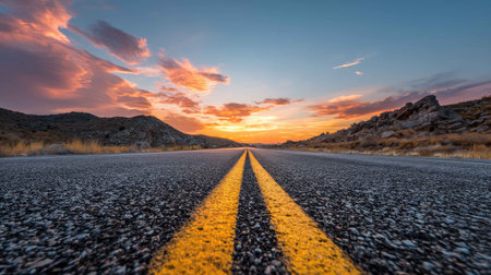 Dramatic sunset view over an empty desert road with vibrant colors and textures. The asphalt stretches into the horizon, inviting exploration and adventure.の素材