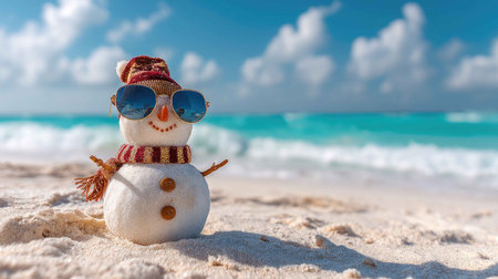 A whimsical snowman wearing sunglasses stands proudly on a sunlit beach, combining winter charm with tropical vibes. Perfect for summer celebrations!の素材