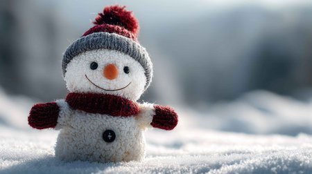A charming snowman figure made of soft material stands joyfully in the snow, wearing a cozy hat and scarf, capturing the essence of winter cheer and creativity.の素材