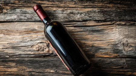 A striking red wine bottle rests on a rustic wooden table, showcasing its elegant design. This image embodies luxury and richness, perfect for lifestyle, dining, or beverage-related themes.の素材