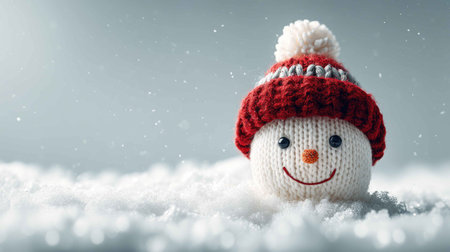 Adorable snowman toy wearing a vibrant red hat smiles gently in a snowy landscape, capturing the essence of winter joy and festive cheer. Perfect for holiday themes.の素材