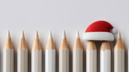 A charming arrangement of colored pencils with a Santa hat, perfect for celebrating the holiday season. Ideal for creative projects and festive decorations.の素材