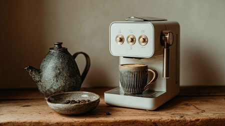 A chic coffee machine sits on a rustic wooden surface, accompanied by a ceramic cup and a kettle, creating a warm and inviting coffee brewing setup. Perfect for cafの素材