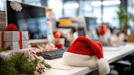 A vibrant office scene adorned with Christmas decor featuring a Santa hat, gifts, and festive ornaments. This joyful setting captures the spirit of the holiday season.の素材