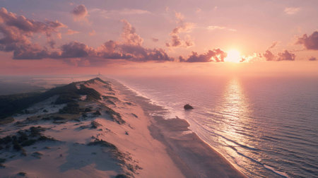 A stunning view of a serene sunset over a sandy beach, with calm ocean waves gently lapping the shore. The vibrant sky features soft clouds, creating a peaceful atmosphere perfect for relaxation.の素材