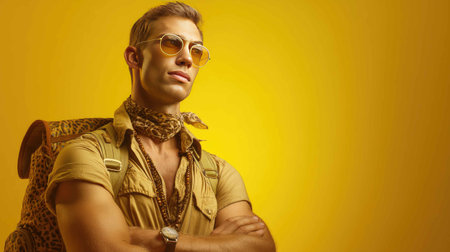 A confident male explorer showcasing a stylish look with sunglasses and a scarf. The bright yellow background adds vibrancy to the adventurous theme.の素材