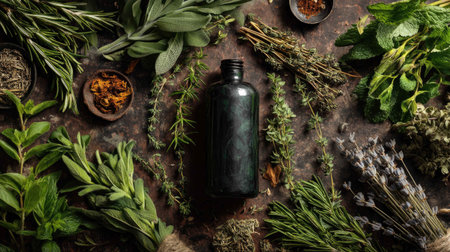 A captivating top view of various aromatic herbs surrounding a dark bottle. The arrangement showcases fresh ingredients ideal for culinary and wellness purposes. Enjoy the natural aesthetic.の素材