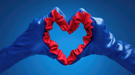 This image features two hands clad in colorful gloves forming a heart shape against a vibrant blue background, symbolizing love and connection.の素材