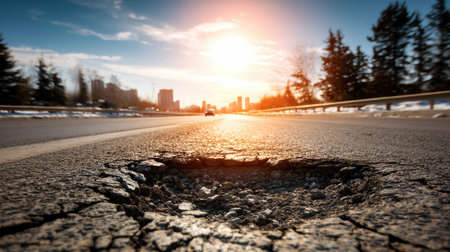 A stunning perspective of a cracked road surface during sunset, capturing the warmth of sunlight against a skyline backdrop. Ideal for transportation and urban themes.の素材