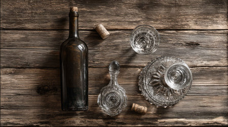 A beautifully arranged still life featuring an elegant glassware set and a vintage wine bottle on rustic wood. Perfect for food and drink photography.の素材