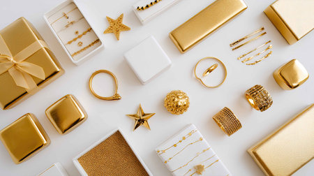 This elegant flat lay showcases exquisite gold jewelry and gift boxes, perfect for celebration themes. The shiny pieces create a luxurious and stylish arrangement ideal for fashion and beauty concepts.の素材