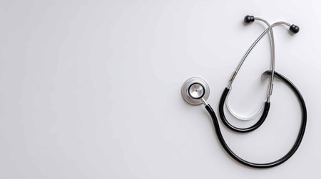 A stethoscope lies elegantly on a clean surface, representing essential medical equipment for health professionals. Perfect for health-related themes.の素材