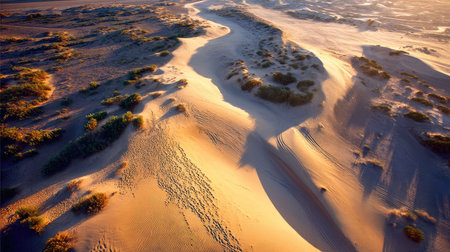Experience the breathtaking beauty of golden sand dunes at sunrise. This aerial view captures the tranquil essence of the desert landscape and its intricate patterns.の素材