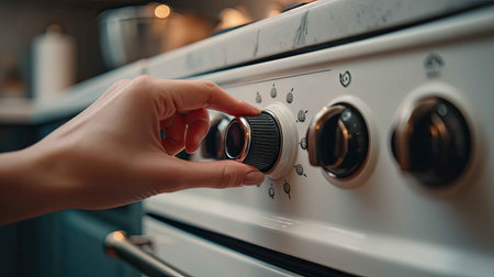 A close-up view of a hand adjusting the temperature dial on a modern kitchen oven, capturing the essence of home cooking and culinary preparation.の素材