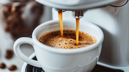 A close-up view of fresh espresso pouring into a white coffee cup, showcasing the rich crema and aroma. Perfect for coffee lovers or kitchen scenes.の素材