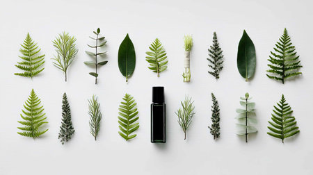This image showcases a beautiful arrangement of green leaves and an essential oil bottle on a clean white background, perfect for wellness and nature themes.の素材