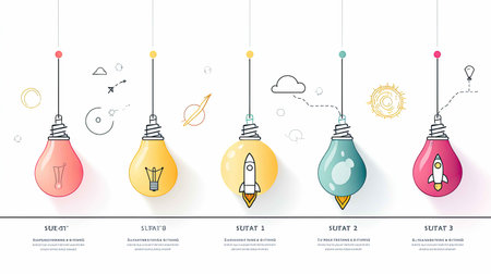 Bright and colorful light bulbs illustrate creative icons like rockets and plants. A perfect visual for inspiration, innovation, and design concepts.の素材