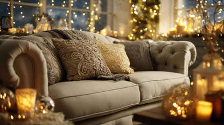 A stylish living room features a plush couch adorned with decorative cushions, surrounded by soft lighting and glowing candles, perfect for a cozy holiday atmosphere.の素材