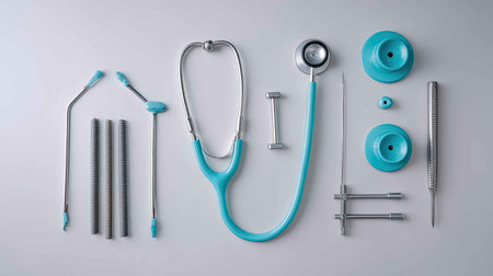 A collection of medical tools including a stethoscope and other instruments organized neatly on a neutral background, emphasizing healthcare professionalism and quality.の素材