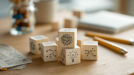 A collection of wooden blocks featuring business-related icons on a clean workspace. Ideal for themes of creativity, innovation, and collaboration in professional settings.の素材