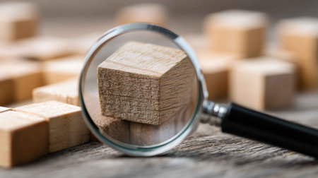 A close-up view of a wooden block under a magnifying glass on a wooden surface. The image illustrates clarity and texture, showcasing details for educational or creative purposes.の素材