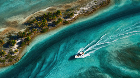Stunning aerial view of a turquoise waterway with a boat gliding through, surrounded by lush palm trees and white sandy shores, perfect for travel and adventure.の素材