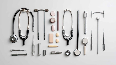 A top-down view of various medical instruments and tools arranged on a light background, showcasing essential items for healthcare professionals and medical procedures.の素材