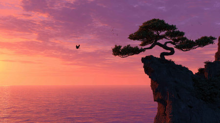 A stunning view of a lone tree atop a rugged rocky cliff at sunset, with vibrant colors reflecting on the ocean, evoking feelings of peace and tranquility.の素材
