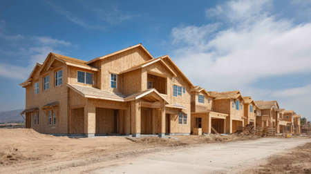 New residential construction showcases modern houses with wood framing in a developing suburban area. The projects highlight progress in housing development.の素材