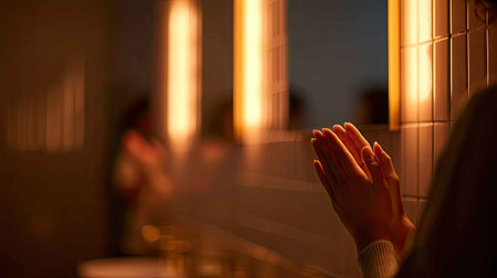 A serene restroom scene illuminated by warm lighting, showcasing gentle hands in a moment of tranquility. This image embodies relaxation and personal care, inviting mindfulness and calmness.の素材