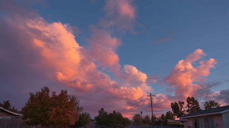A tranquil evening scene featuring stunning pink and purple clouds at sunset. The clouds add beauty to the serene neighborhood landscape, creating an atmospheric view.の素材