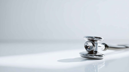 This close-up image features a silver stethoscope resting on a white surface, highlighting its design and purpose in the medical field. Ideal for healthcare themes.の素材
