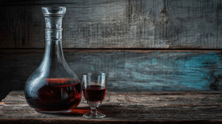 A beautifully crafted glass decanter with dark red liquid, accompanied by a short glass. The rustic wooden backdrop adds a warm, inviting touch perfect for any occasion.の素材