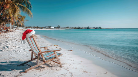 A serene tropical beach scene featuring a wooden chair adorned with a Santa hat. The tranquil blue waters and palm trees create a perfect holiday escape.の素材