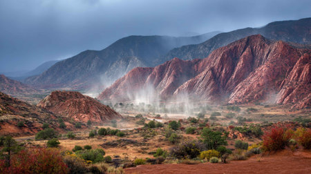 Captivating view of misty mountains adorned with red rock formations, showcasing lush vegetation amidst a dramatic sky. Ideal for nature enthusiasts.の素材