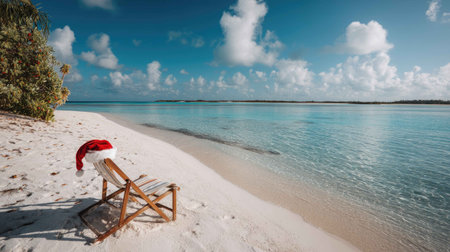 A serene tropical beach scene featuring a deck chair adorned with a festive Santa hat, showcasing a peaceful ocean and clear skies, perfect for a holiday escape.の素材