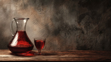 A stunning arrangement featuring a carafe and glass of red beverage on a rustic wooden table, showcasing rich colors and textures for a cozy atmosphere.の素材