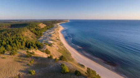 Stunning aerial view showcasing a tranquil beach meeting the vast ocean, framed by lush greenery. A perfect escape for nature lovers and travelers.の素材
