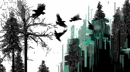 This abstract image features a black and white forest scene with birds in flight, complemented by geometric shapes. It evokes a sense of calm and nature's beauty.の素材