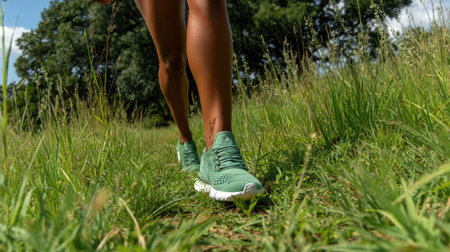 A woman is walking through a lush green field in athletic sneakers showcasing a healthy lifestyle and active outdoor adventure.の素材